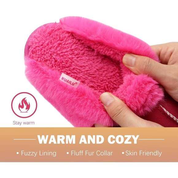 ⚡Women Rose Red Suede Fluff Dual Memory Foam Arch Support Warm Scuff Slipper - Picture 4 of 6